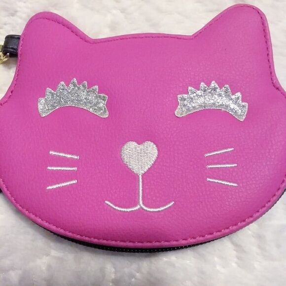 Luv Betsey Johnson Hot Pink Cat Face Wristlet Wallet Silver Glitter Eyebrows - Picture 2 of 6